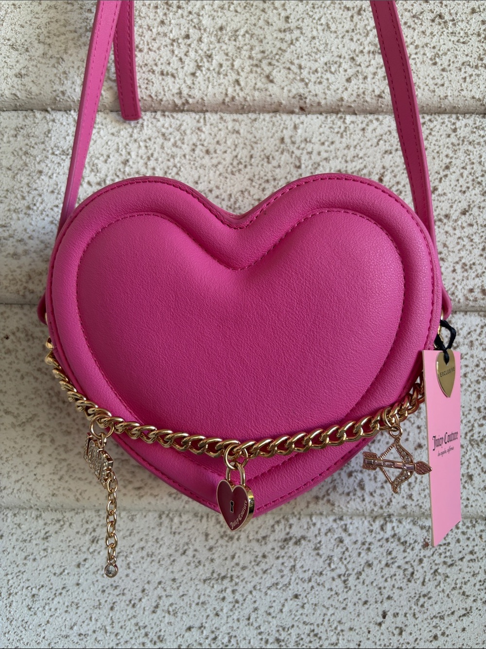 Juicy Couture Hot Pink Heart Crossbody Bag with Gold Chain Charm